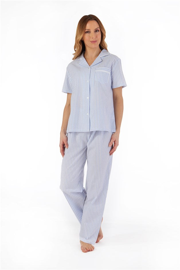 Pinstripe Seersucker Short Sleeve Button Through Pyjama PJ55225