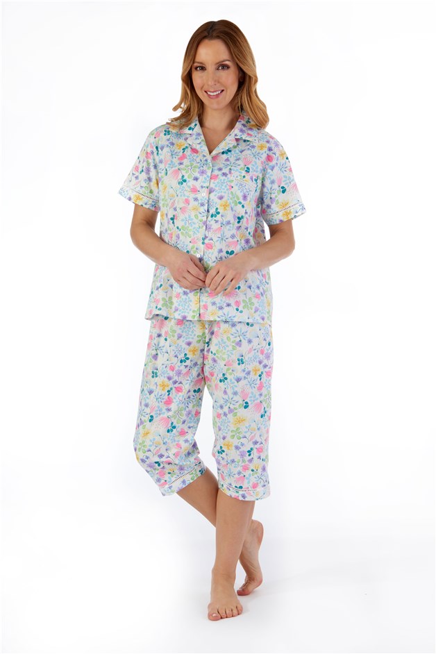 Multi Coloured Floral Tailored Short Sleeve Woven Cropped Pyjama PJ55262