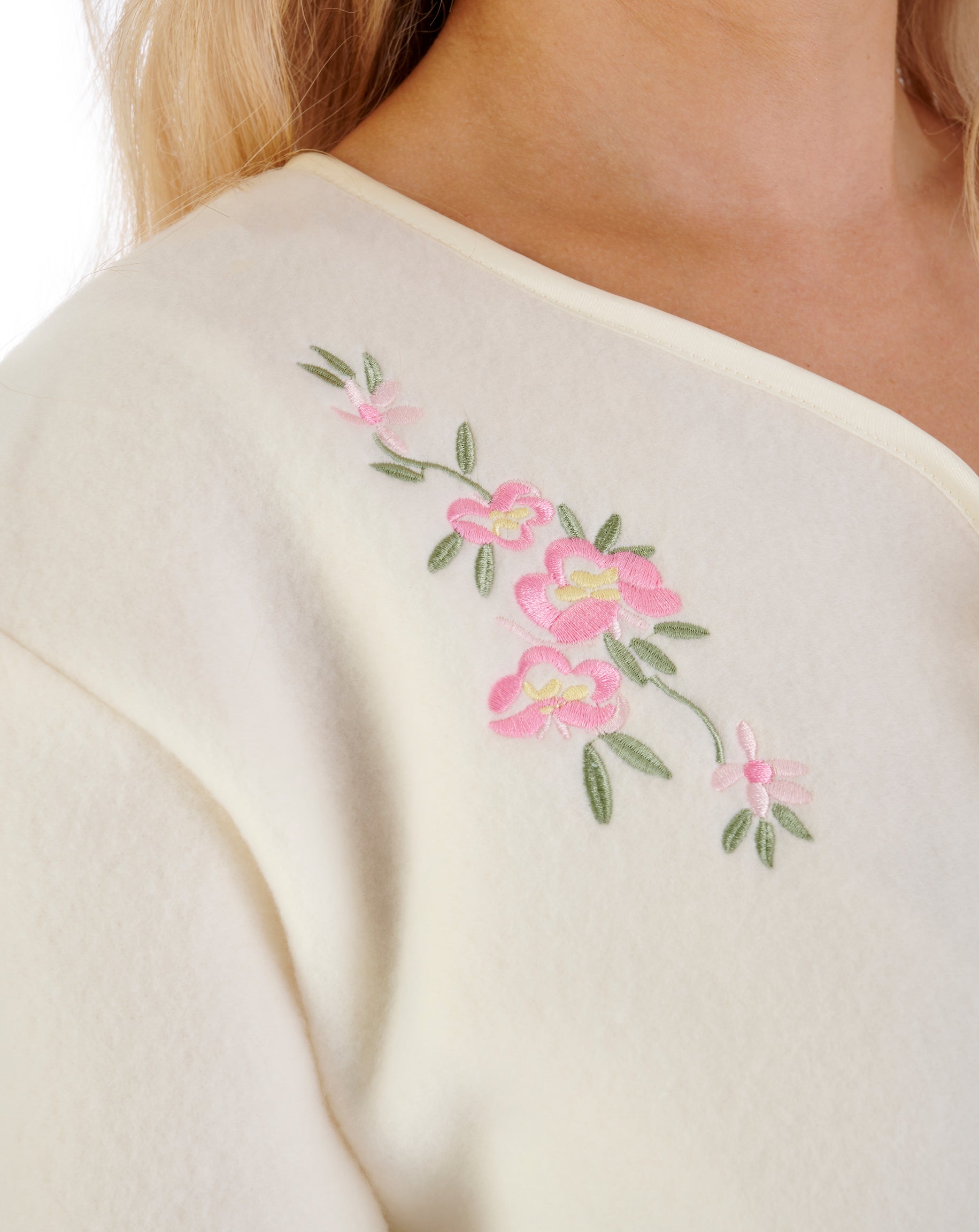 Embroidered Polar Fleece Ribbon Tie Bed Jacket BJ44600