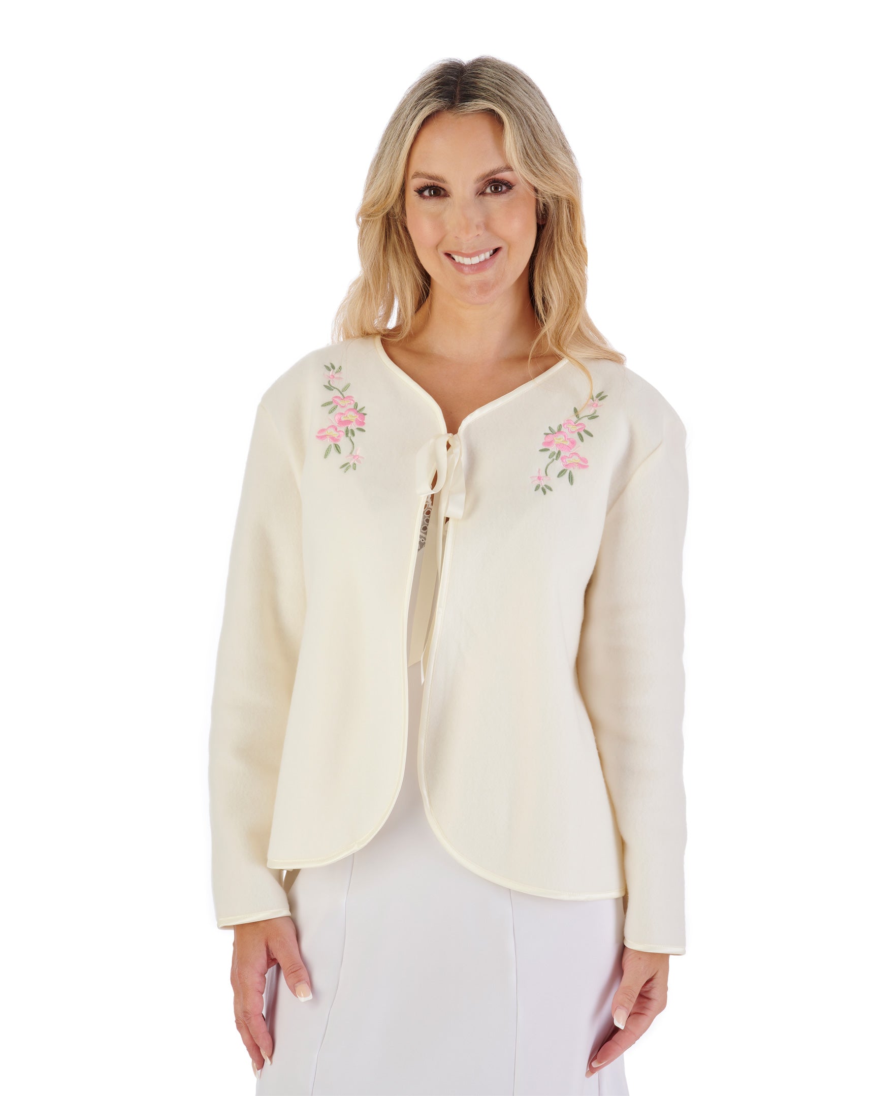 Embroidered Polar Fleece Ribbon Tie Bed Jacket BJ44600