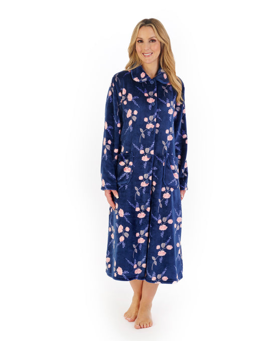 Floral Flannel Fleece 46" Button Through Housecoat HC06311
