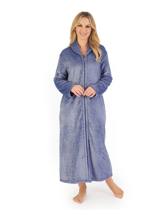 Embossed Pattern Fleece 50" Zip Through Housecoat HC06317
