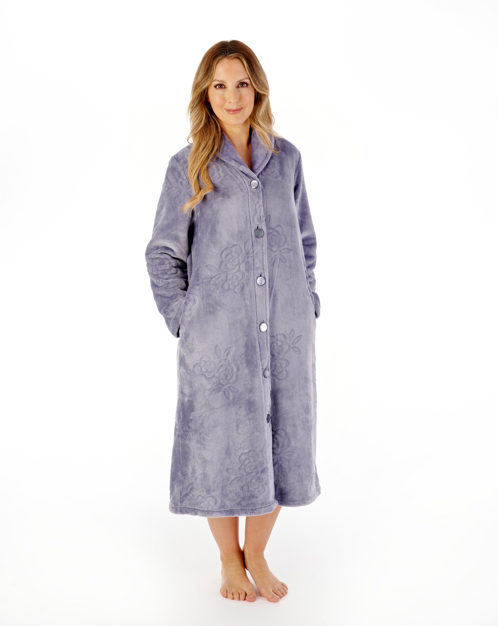 Floral Embossed Fleece 46" Button Housecoat HC08316