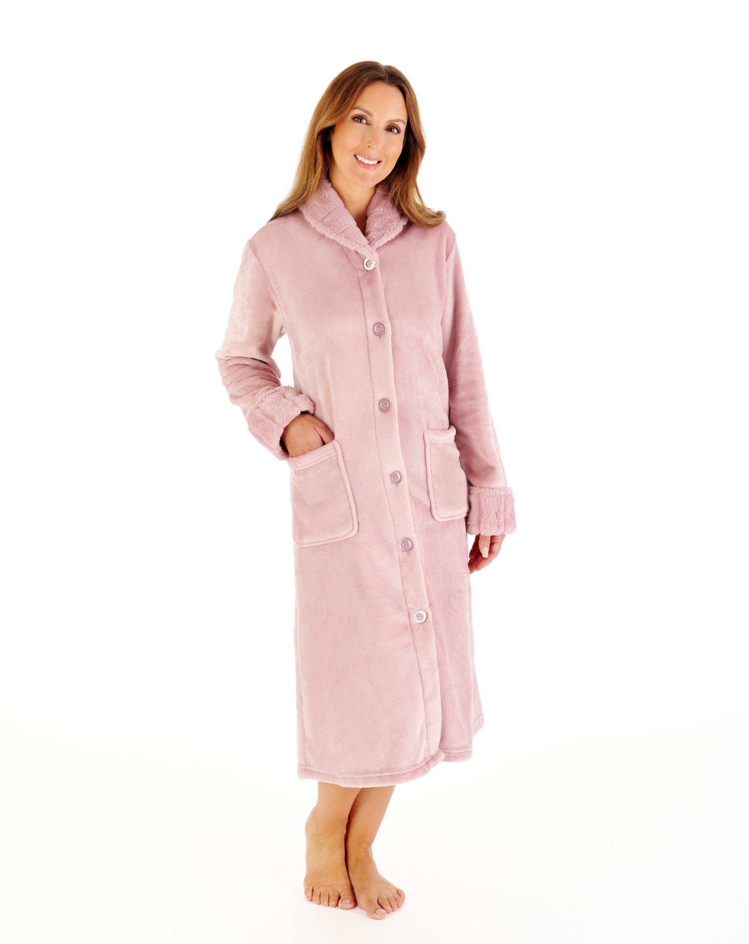 Faux Fur Collar Fleece 45" Button Through Housecoat HCW2306