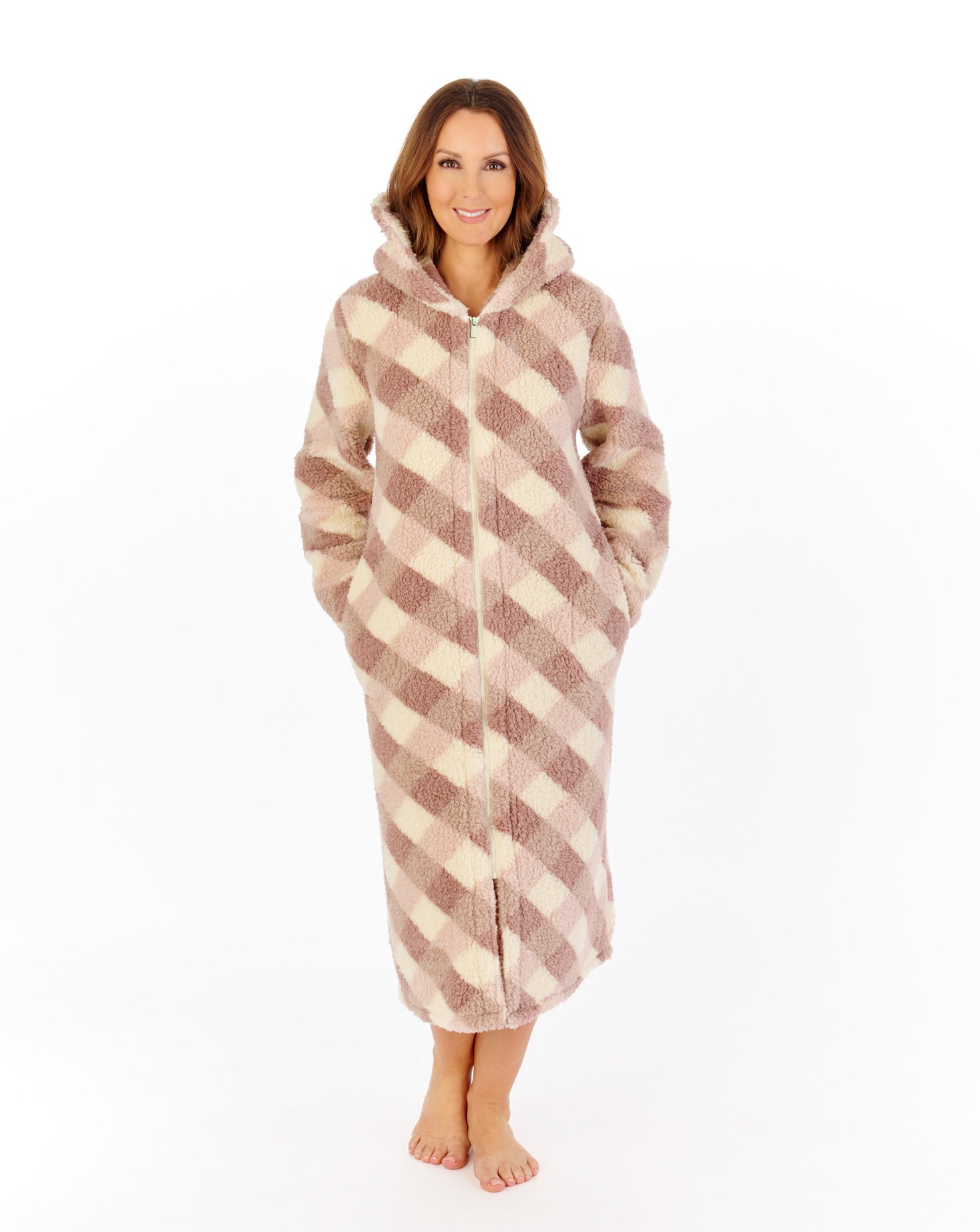 Printed Check Fleece Zip Through Housecoat HCW2311