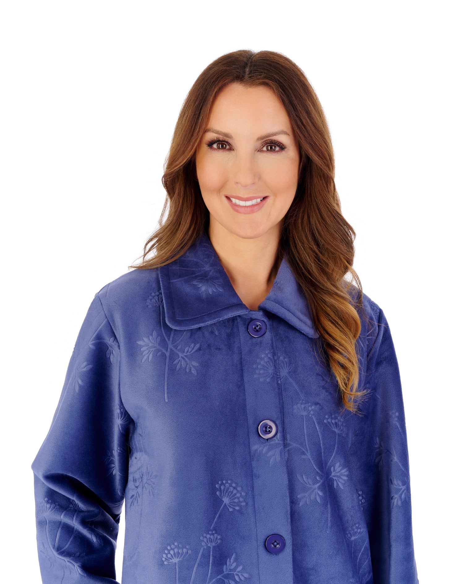 Floral Embossed Flannel Fleece 46" Button Through Housecoat HCW2315