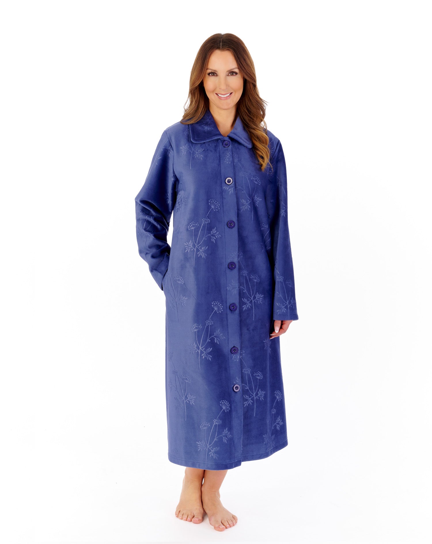 Floral Embossed Flannel Fleece 46" Button Through Housecoat HCW2315