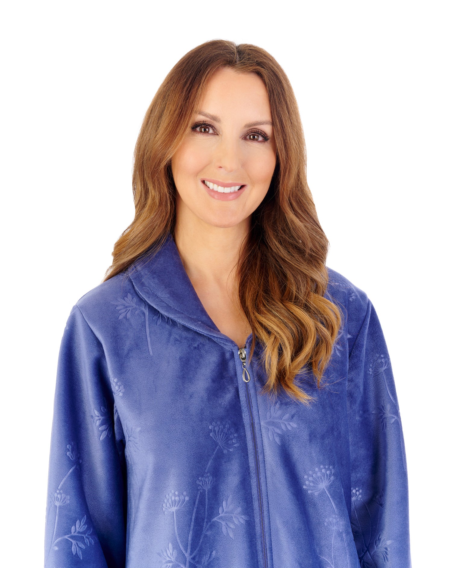 Floral Embossed Flannel Fleece 46" Zip Through Housecoat HCW2316