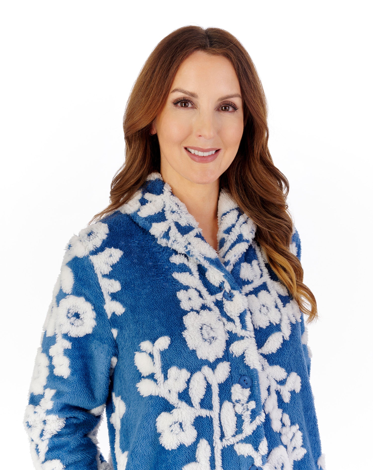 Floral Jacquard Fleece 45" Button Through Housecoat HCW2320