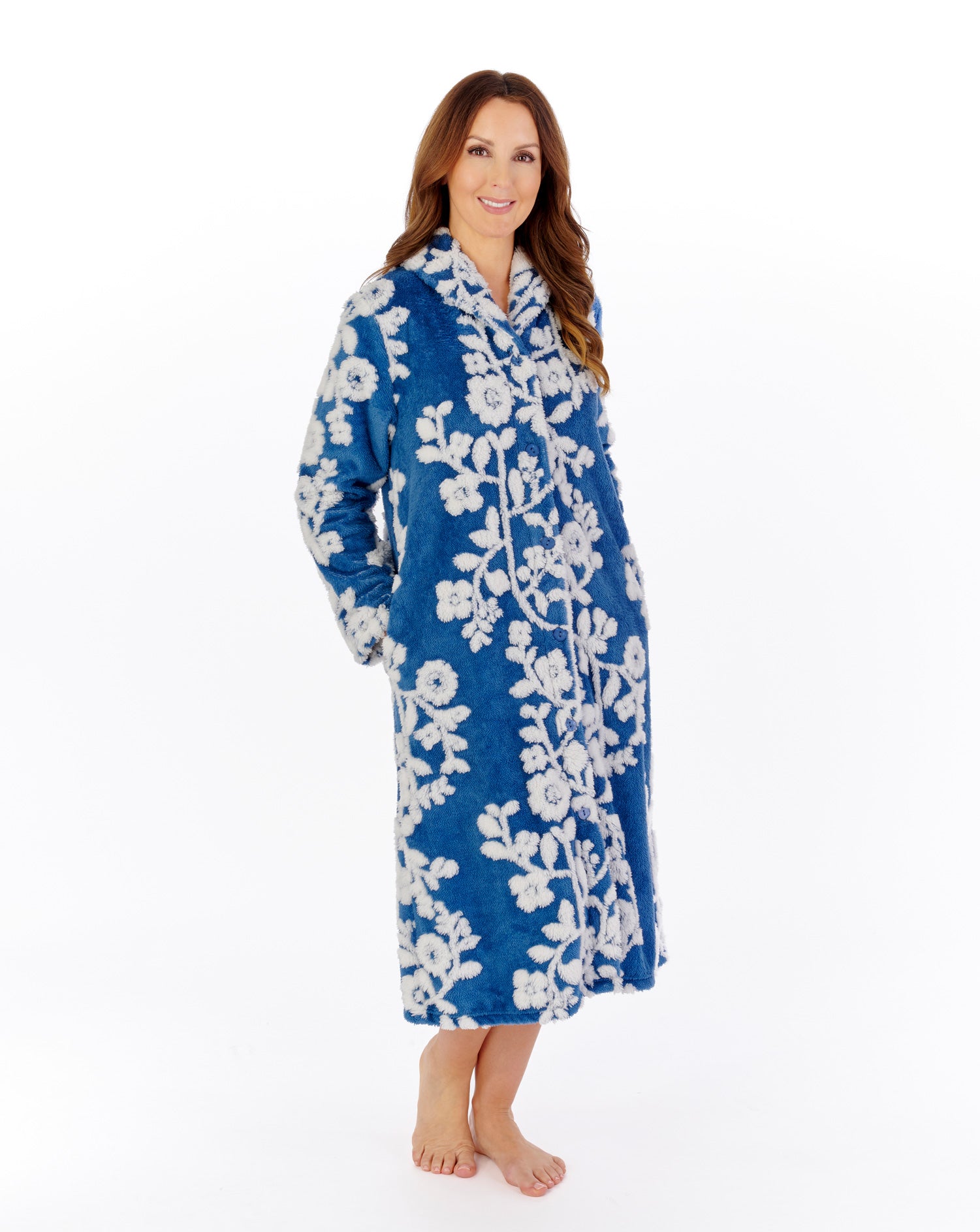 Floral Jacquard Fleece 45" Button Through Housecoat HCW2320