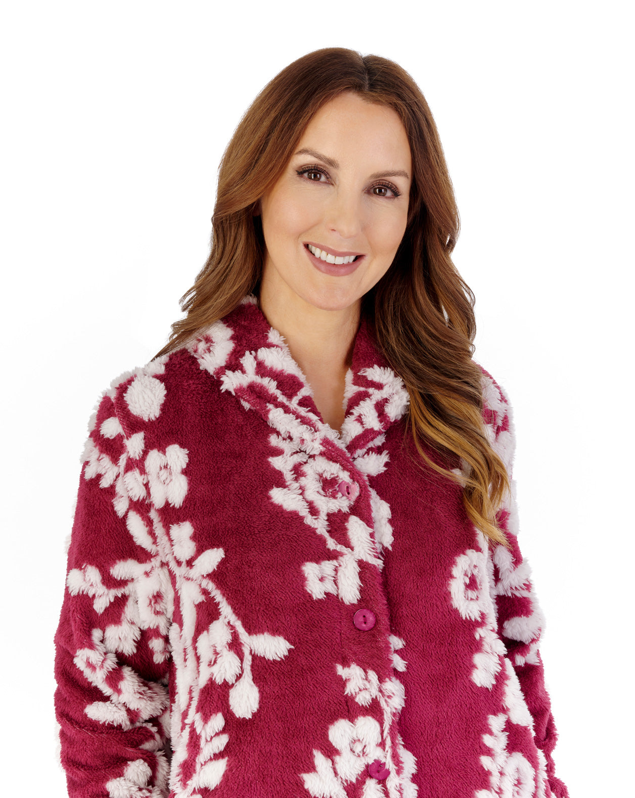 Floral Jacquard Fleece 45" Button Through Housecoat HCW2320