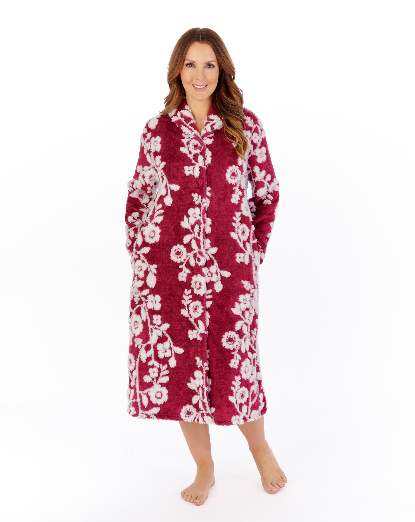 Floral Jacquard Fleece 45" Button Through Housecoat HCW2320