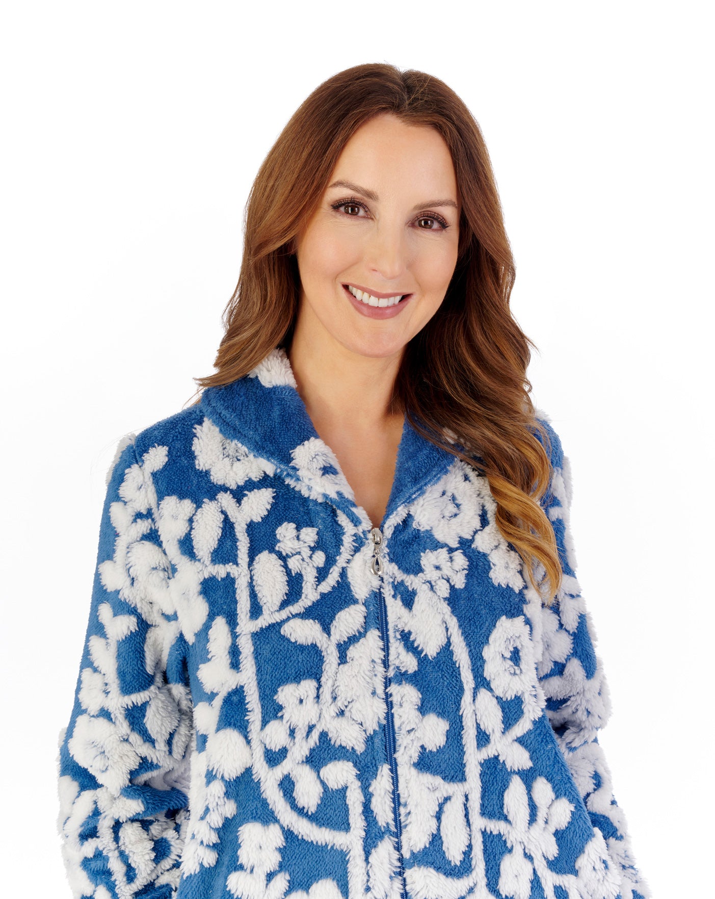 Floral Jacquard Fleece 46" Zip Through Housecoat HCW2321