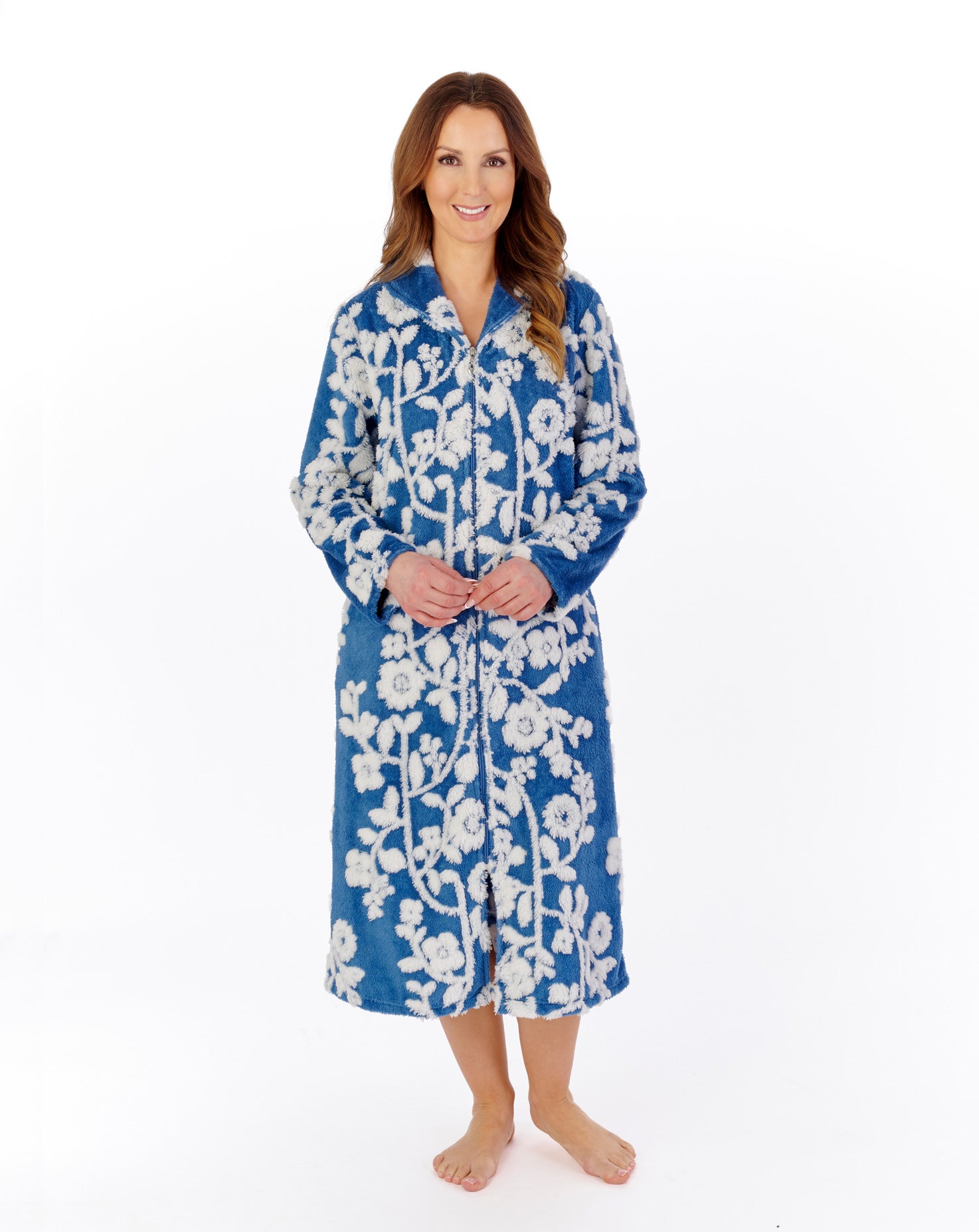 Floral Jacquard Fleece 46" Zip Through Housecoat HCW2321