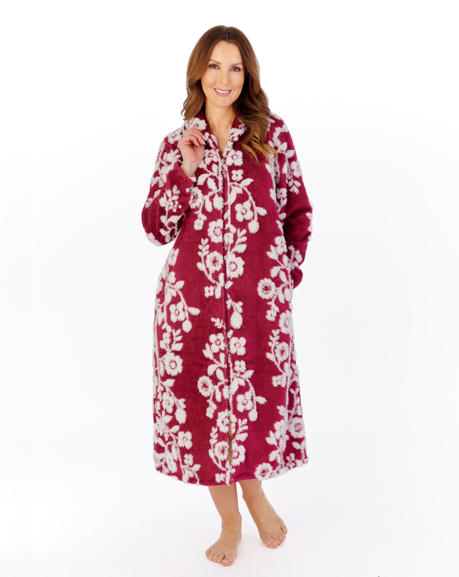 Floral Jacquard Fleece 46" Zip Through Housecoat HCW2321