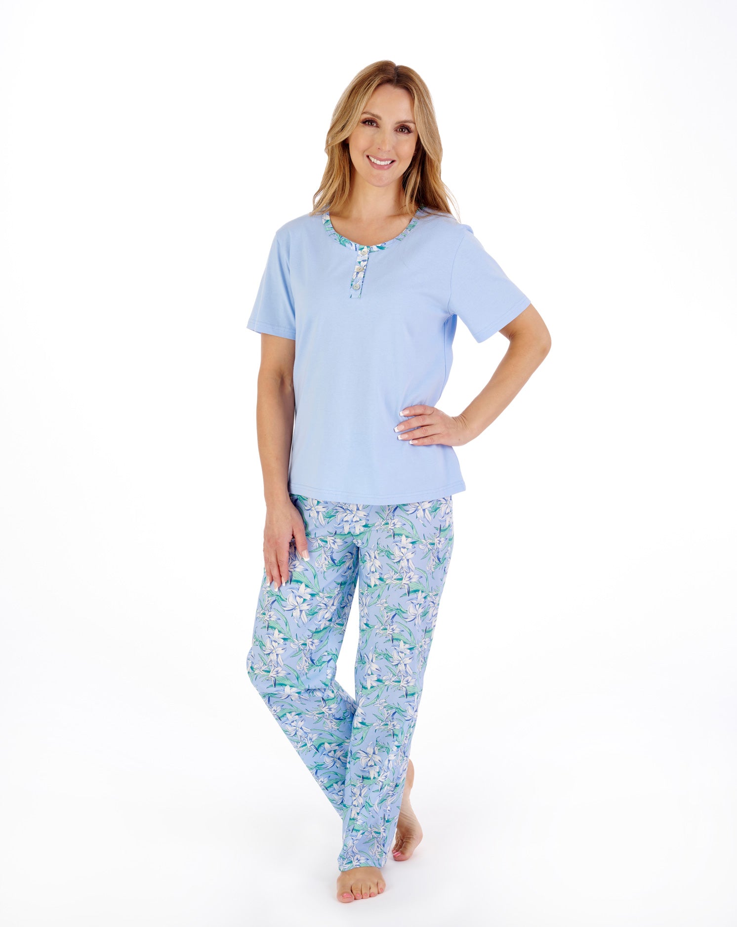Tropical Flower Print Jersey Top with Woven Trouser Pyjama PJ05222