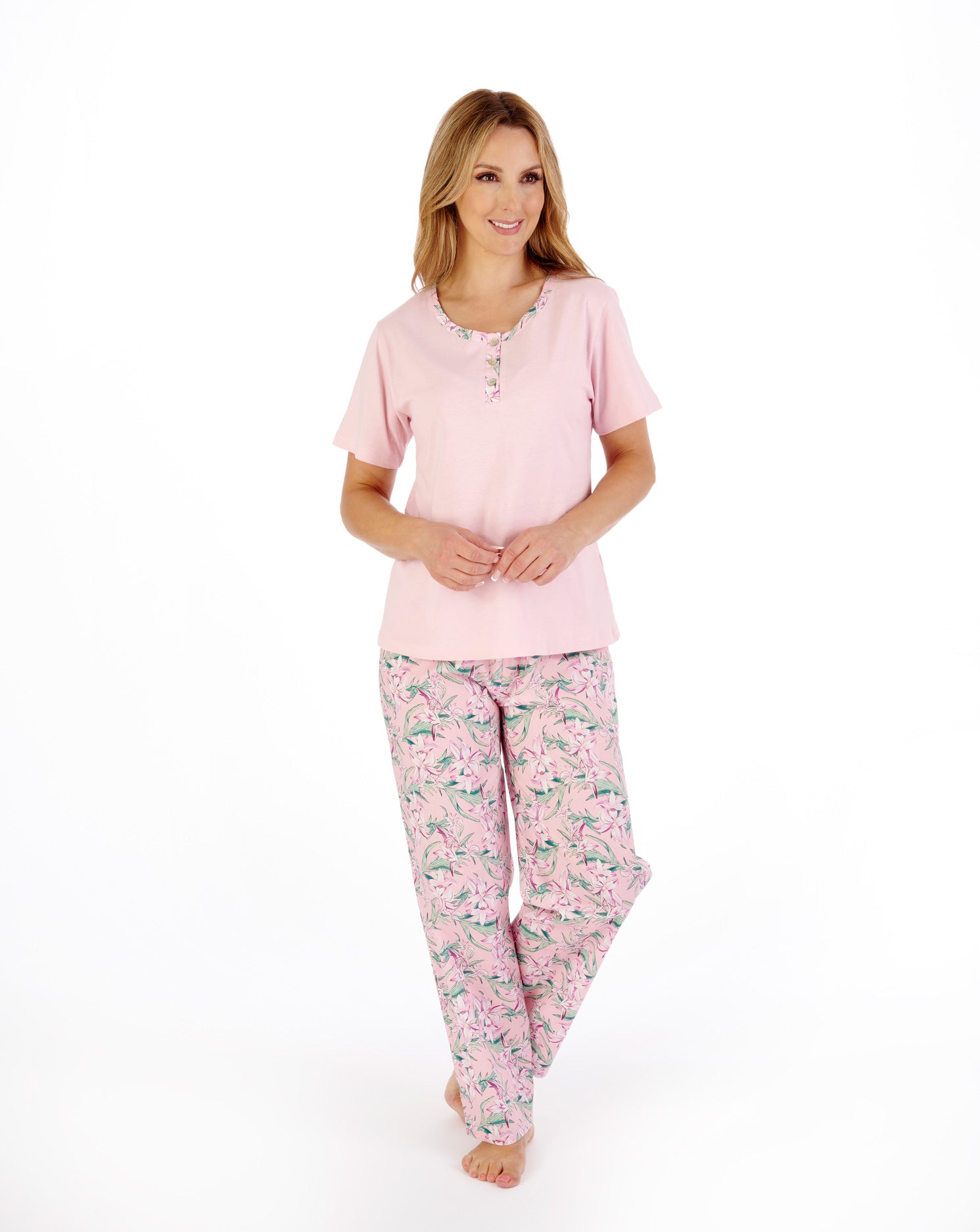 Tropical Flower Print Jersey Top with Woven Trouser Pyjama PJ05222