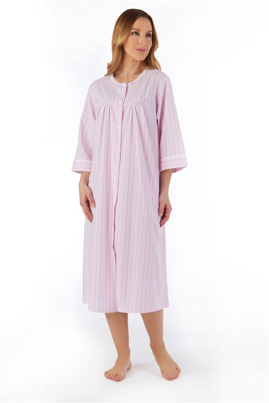 Pinstripe Seersucker 45" Popper Front Woven Housecoat HC55227