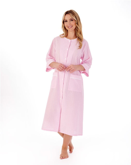 Classic Stripe Seersucker 45" Popper Woven Housecoat HC01226