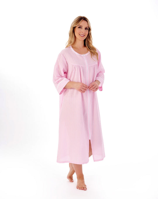 Classic Stripe Seersucker 45" Zip Front Woven Housecoat HC01229