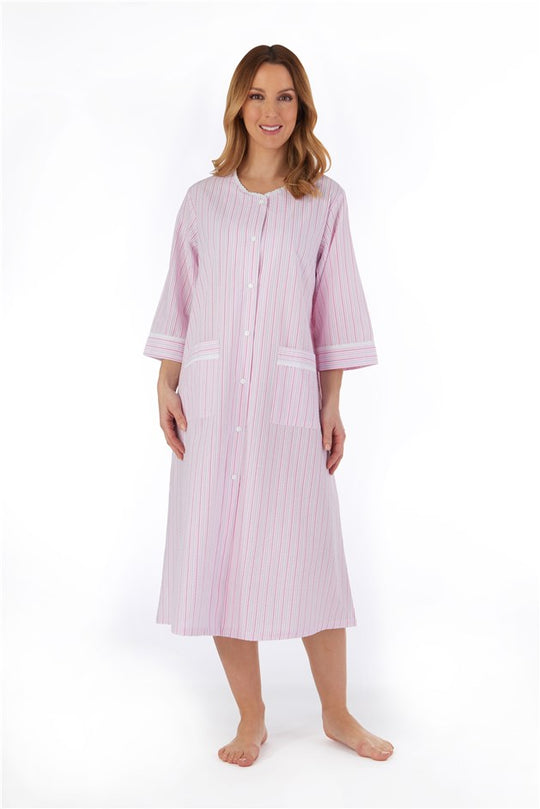 Pinstripe Seersucker 45" Popper Front Woven Housecoat HC55226